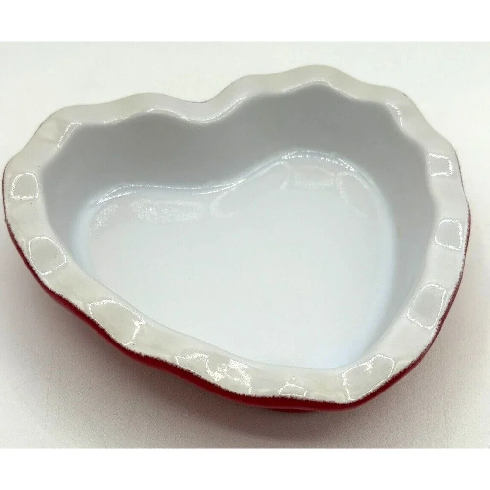 Emile Henry Red & White Heart Shape Ruffled Dish Made in‎ France 5 3/4” 61.49